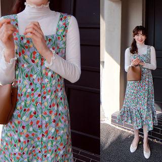 Button-detail Floral Print Suspender Dress