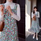 Button-detail Floral Print Suspender Dress