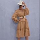 Lantern-sleeve V-neck Ruched Midi Dress