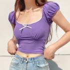 Puff-sleeve Square-neck Bow Cropped T-shirt