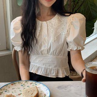 Lace Panel Puff-sleeve Cropped Blouse White - One Size