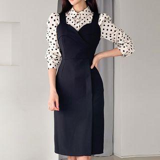 Set: Balloon-sleeve Dotted Blouse + Wide Strap Midi Pinafore Sheath Dress