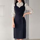 Set: Balloon-sleeve Dotted Blouse + Wide Strap Midi Pinafore Sheath Dress