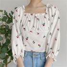 Balloon-sleeve Off-shoulder Floral Print Blouse White - One Size