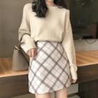 Plain Sweater / Plaid Mini A-line Skirt / Set