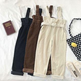 Plain High-waist Lace-up Corduroy Strappy Pants