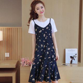Set: Short-sleeve T-shirt + Floral Print Midi A-line Pinafore Dress