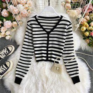 V-neck Striped Long-sleeve Knit Top Stripes - Black & White - One Size