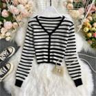 V-neck Striped Long-sleeve Knit Top Stripes - Black & White - One Size