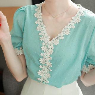 Puff-sleeve Crochet-trim Dotted Blouse