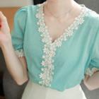 Puff-sleeve Crochet-trim Dotted Blouse