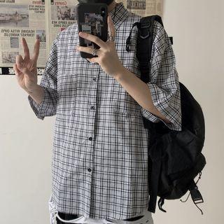 Elbow-sleeve Plaid Casual Shirt