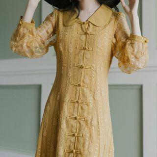 Long-sleeve Frog Button Midi A-line Lace Dress