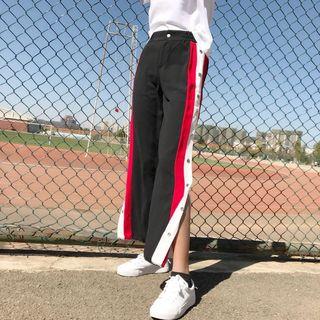 Embroidered Short-sleeve T-shirt / Buttoned Side Color Block Wide Leg Pants