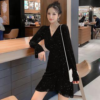 Long-sleeve Glitter Drawstring Ruffled Mini Dress