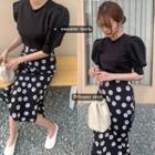 Puff Short-sleeve Top / Floral Midi Skirt