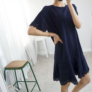 Ruffle-hem Perforated Detail Dress