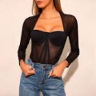Long Sleeve Mesh Panel Square-neck Top