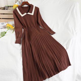Lace Trim Collar Pleated Knit Midi A-line Dress