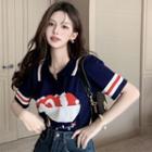 Collared Embroidered Light Knit Top Navy Blue - One Size