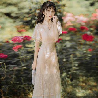 Short-sleeve Lace Cutout Midi Dress