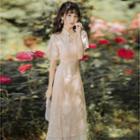 Short-sleeve Lace Cutout Midi Dress
