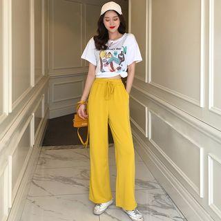 Set: Short-sleeve Print T-shirt + Drawstring Waist Wide-leg Pants