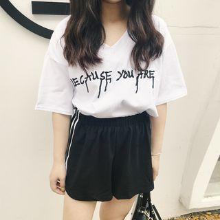Set: Letter Embroidered Elbow Sleeve T-shirt + Contrast Trim Shorts
