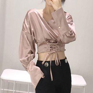 V-neck Lace Up Cropped Blouse / Boot Cut Plain Pants