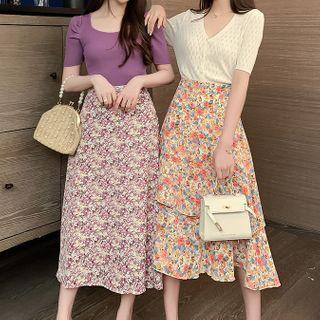 Short-sleeve Knit Top / Flower Print Midi A-line Skirt