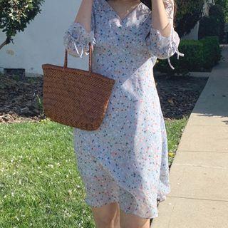 Elbow-sleeve Floral Print A-line Dress As Shown In Figure - One Size