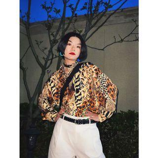Leopard Print Long-sleeve Blouse Leopard - Orange & Yellow - One Size
