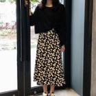 Drawstring Long-sleeve T-shirt / Flower Print Midi A-line Skirt