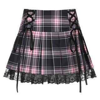 Lace Panel Plaid Tie-detail Mini Skirt /