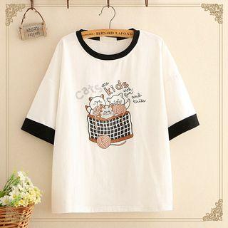 Contrast-trim Cat Print Short-sleeve Top