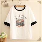 Contrast-trim Cat Print Short-sleeve Top
