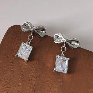 Bow Square Faux Crystal Dangle Earring 1 Pair - 594 - Silver - One Size