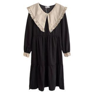 Long-sleeve Ruffle Trim Midi Dress Black - One Size