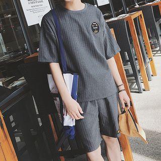 Set: Elbow-sleeve Pinstriped T-shirt + Shorts