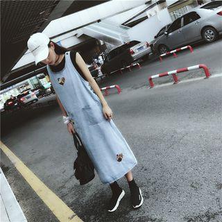Embroidered Denim Midi Pinafore Dress