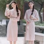 Set: Traditional Chinese Long-sleeve Lace Trim Midi Qipao Dress + Cape