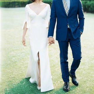Elbow-sleeve A-line Wedding Gown