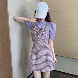 Set: Puff Sleeve Plain Top + Plaid Pinafore Dress