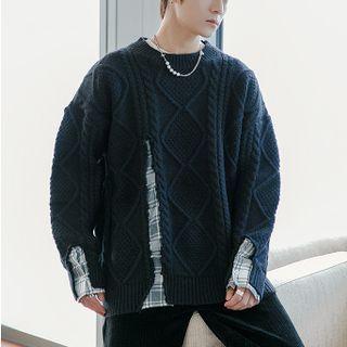 Gingham Panel Cable Knit Sweater
