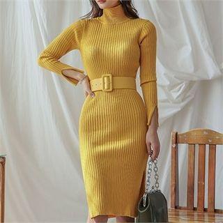 Mock-neck Knit Midi Bodycon Dress With Belt