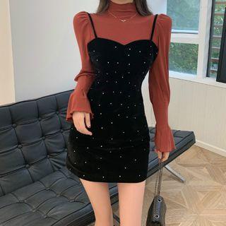 Long-sleeve Mock-neck Top / Spaghetti Strap Dotted Mini Sheath Dress