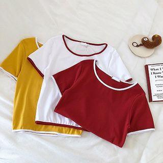 Color-block Trim Crewneck Slim-fit Top