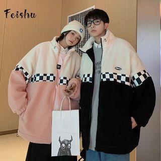 Couple Matching Checkerboard Panel Zip-up Fleece Jacket