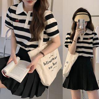 Set: Short-sleeve Collar Striped T-shirt + Mini Pleated Skirt