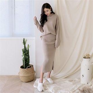 Set: Mock-neck Ribbed Knit Top + Long Skirt